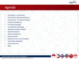 • Challenges in e-Education
• The Desired Learning Experience
• Interactivity – The Game Changer
• Introducing Raptivity
• The Baking Analogy
• The Raptivity Advantage
• Deploying Raptivity Objects
• Raptivity Samples
• Why Use Raptivity?
• Raptivity Demo
• Raptivity Linker and its Samples
• Some More Highlights
• Announcements
• Q&A
Agenda
 