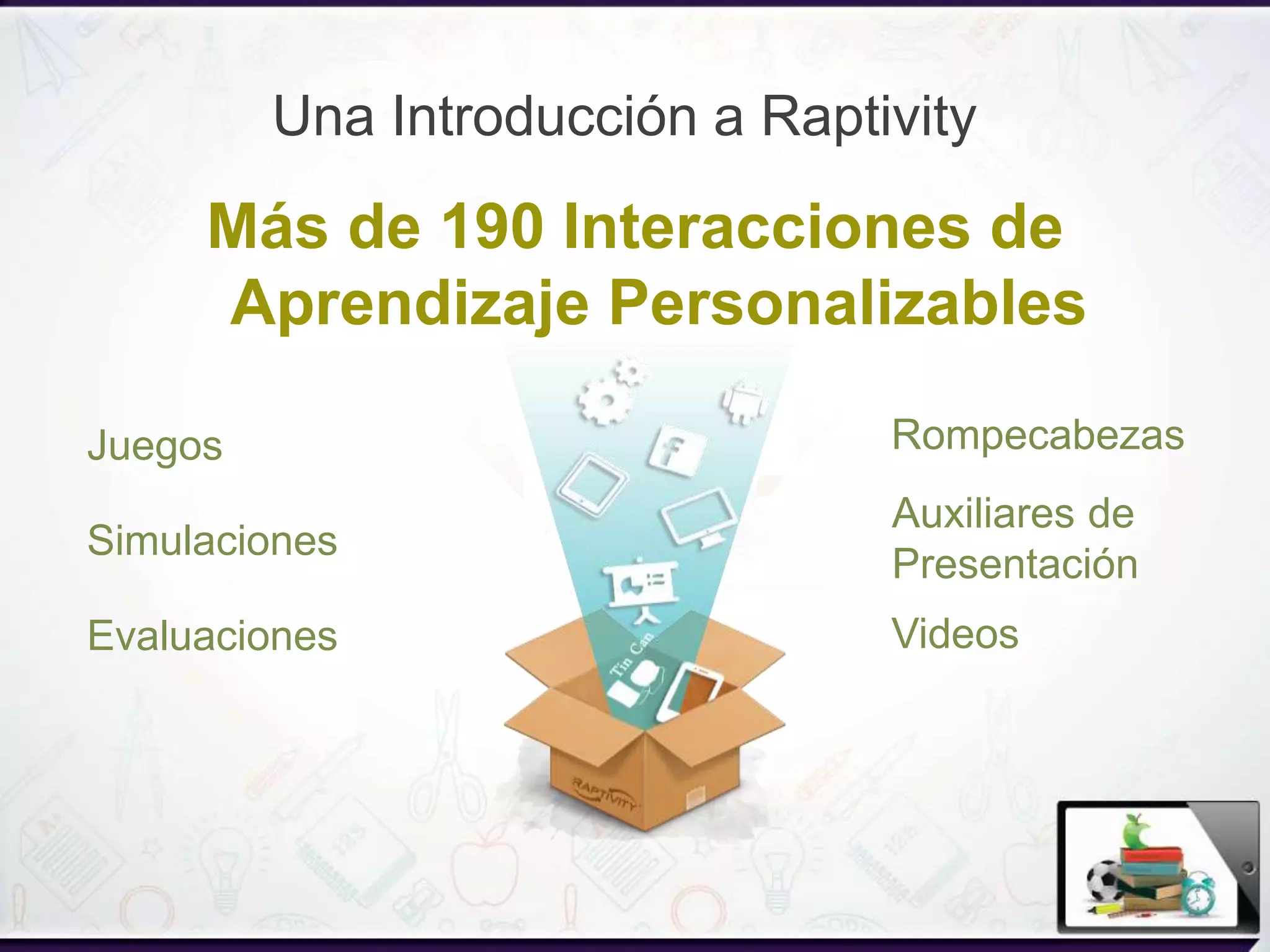 Más de 190 Interacciones de
Aprendizaje Personalizables
Juegos
Simulaciones
Evaluaciones
Auxiliares de
Presentación
Rompecabezas
Una Introducción a Raptivity
Videos
 