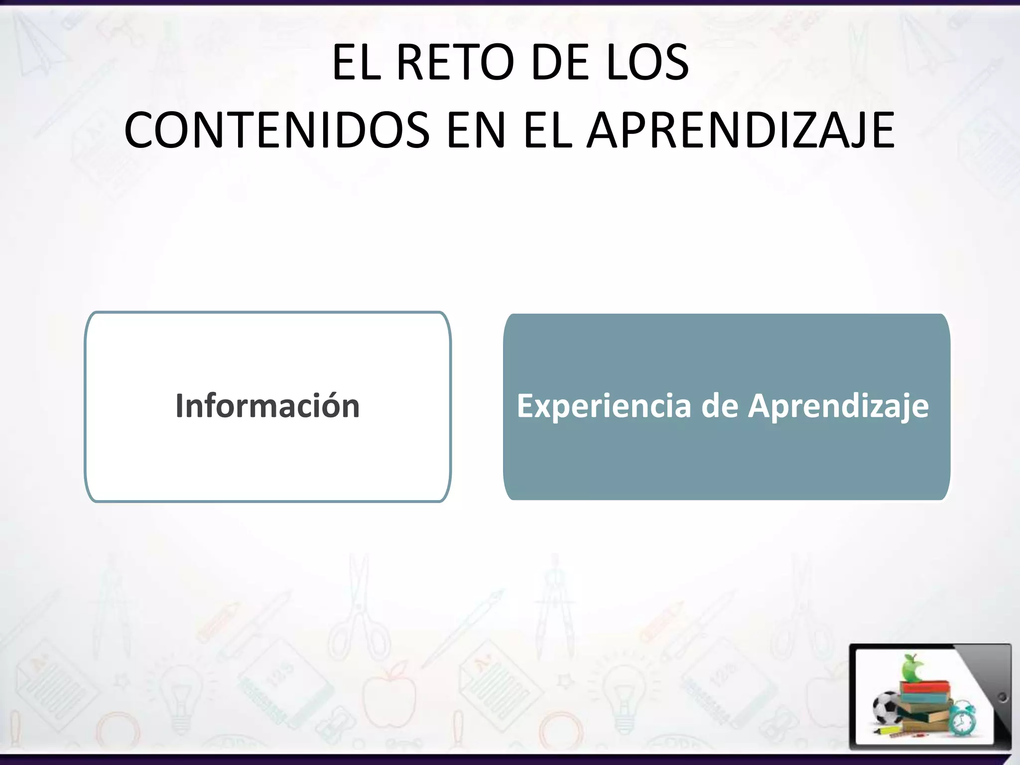 EL RETO DE LOS
CONTENIDOS EN EL APRENDIZAJE
Información Experiencia de Aprendizaje
 