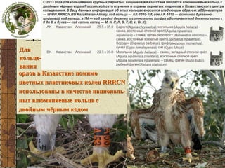 кольцевание

Для
кольцевания
орлов в Казахстане помимо
цветных пластиковых колец RRRCN
использованы в качестве национальных алюминиевые кольца с
двойным чёрным кодом

 