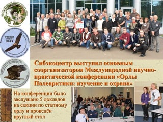 Конференция

Сибэкоцентр выступил основным
соорганизатором Международной научнопрактической конференции «Орлы
Палеарктики: изучение и охрана»
На конференции было
заслушано 5 докладов
на секции по степному
орлу и проведён
круглый стол

 
