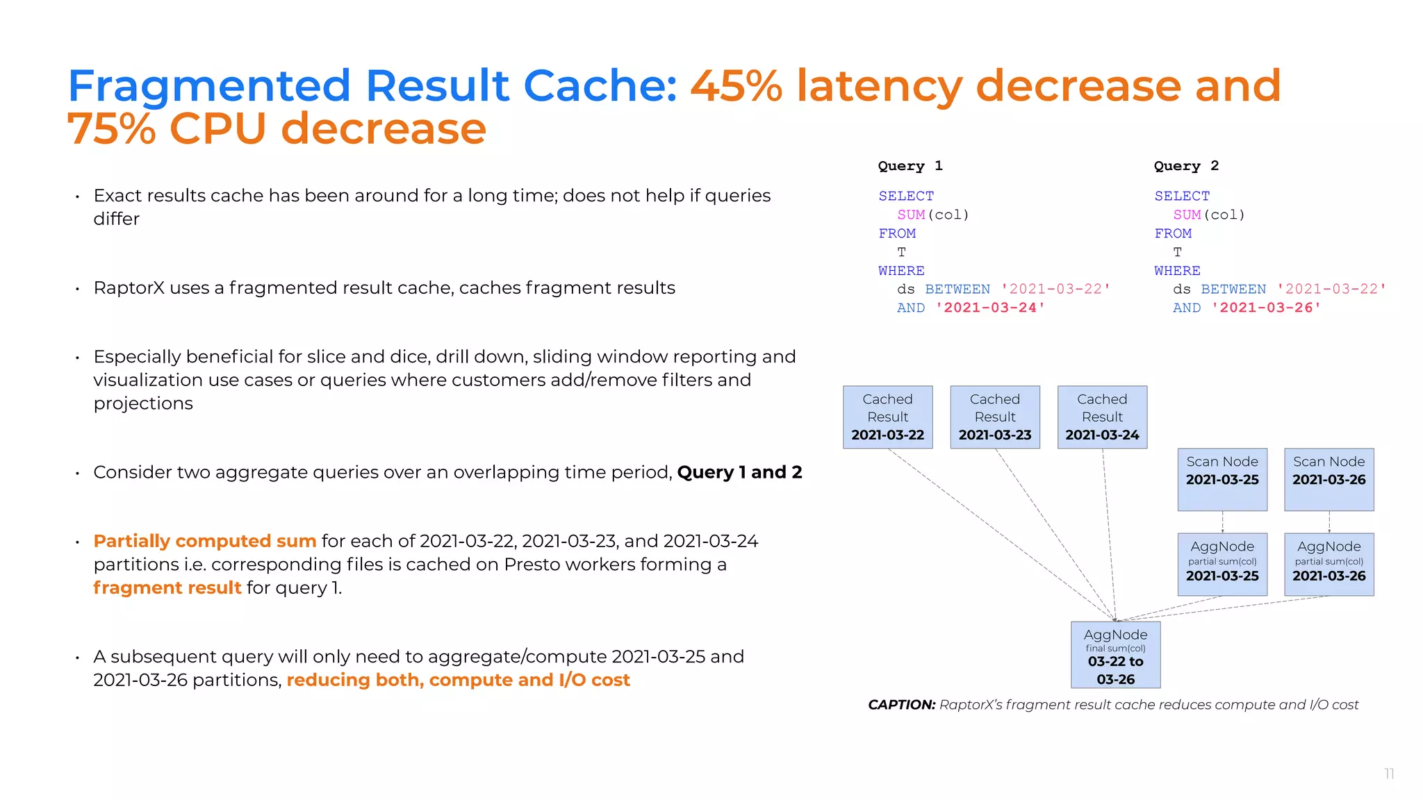 Fragmented Result Cache: 45% latency decrease and
75% CPU decrease
11
• Exact results cache has been around for a long time; does not help if queries
differ
• RaptorX uses a fragmented result cache, caches fragment results
• Especially beneﬁcial for slice and dice, drill down, sliding window reporting and
visualization use cases or queries where customers add/remove ﬁlters and
projections
• Consider two aggregate queries over an overlapping time period, Query 1 and 2
• Partially computed sum for each of 2021-03-22, 2021-03-23, and 2021-03-24
partitions i.e. corresponding ﬁles is cached on Presto workers forming a
fragment result for query 1.
• A subsequent query will only need to aggregate/compute 2021-03-25 and
2021-03-26 partitions, reducing both, compute and I/O cost
11
CAPTION: RaptorX’s fragment result cache reduces compute and I/O cost
SELECT
SUM(col)
FROM
T
WHERE
ds BETWEEN '2021-03-22'
AND '2021-03-24'
SELECT
SUM(col)
FROM
T
WHERE
ds BETWEEN '2021-03-22'
AND '2021-03-26'
Cached
Result
2021-03-22
Cached
Result
2021-03-23
Cached
Result
2021-03-24
Scan Node
2021-03-25
Scan Node
2021-03-26
Query 1 Query 2
AggNode
partial sum(col)
2021-03-25
AggNode
partial sum(col)
2021-03-26
AggNode
ﬁnal sum(col)
03-22 to
03-26
 