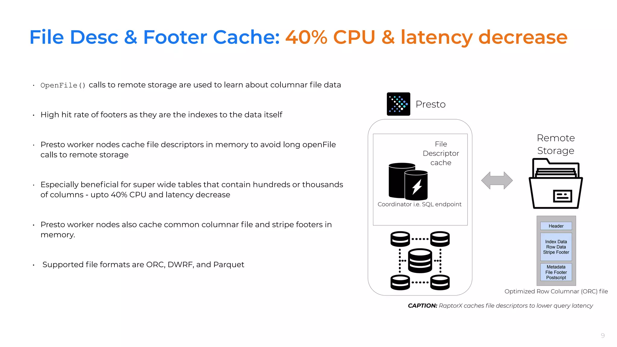 File Desc & Footer Cache: 40% CPU & latency decrease
9
• OpenFile() calls to remote storage are used to learn about columnar ﬁle data
• High hit rate of footers as they are the indexes to the data itself
• Presto worker nodes cache ﬁle descriptors in memory to avoid long openFile
calls to remote storage
• Especially beneﬁcial for super wide tables that contain hundreds or thousands
of columns - upto 40% CPU and latency decrease
• Presto worker nodes also cache common columnar ﬁle and stripe footers in
memory.
• Supported ﬁle formats are ORC, DWRF, and Parquet
9
CAPTION: RaptorX caches ﬁle descriptors to lower query latency
Presto
Remote
Storage
Coordinator i.e. SQL endpoint
File
Descriptor
cache
Header
Index Data
Row Data
Stripe Footer
Metadata
File Footer
Postscript
Optimized Row Columnar (ORC) ﬁle
 