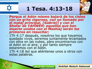  Porque el Adón mismo bajará de los cielos
con un grito vigoroso, con un llamado por
el malaj principal, [Gabriel] y con el
Shofar de YAHWEH; aquellos que han
muerto unidos con el Mashíaj serán los
primeros en resucitar;
 1Th 4:17 después, nosotros los que hayamos
quedado vivos, seremos juntamente levantados
con ellos en las nubes, para encontrarnos con
el Adón en el aire; y por tanto siempre
estaremos con el Adón.
 1Th 4:18 Así que aliéntense unos a otros con
estas palabras.
Kehilah Melech HakavodMoreh Meir Canales
 