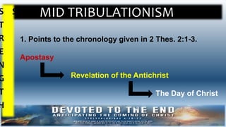 MID TRIBULATIONISMS
T
R
E
N
G
T
H
S
1. Points to the chronology given in 2 Thes. 2:1-3.
Apostasy
Revelation of the Antichrist
The Day of Christ
 