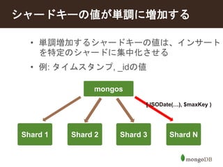シャードキーの値が単調に増加する 
• 単調増加するシャードキーの値は、インサート 
を特定のシャードに集中化させる 
• 例: タイムスタンプ, _idの値 
Shard 1 
mongos 
[ ISODate(…), $maxKey ) 
Shard 2 Shard 3 Shard N 
 