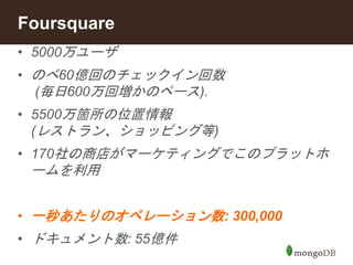 Foursquare 
• 5000万ユーザ 
• のべ60億回のチェックイン回数 
(毎日600万回増かのペース). 
• 5500万箇所の位置情報 
(レストラン、ショッピング等) 
• 170社の商店がマーケティングでこのプラットホ 
ームを利用 
• 一秒あたりのオペレーション数: 300,000 
• ドキュメント数: 55億件 
 
