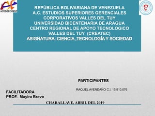 REPÚBLICA BOLIVARIANA DE VENEZUELA
A.C. ESTUDIOS SUPERIORES GERENCIALES
CORPORATIVOS VALLES DEL TUY
UNIVERSIDAD BICENTENARIA DE ARAGUA
CENTRO REGIONAL DE APOYO TECNOLOGICO
VALLES DEL TUY (CREATEC)
FACILITADORA
PROF. Mayira Bravo
PARTICIPANTES
CHARALLAVE, ABRIL DEL 2019
RAQUEL AVENDAÑO C.I. 15.910.076
 