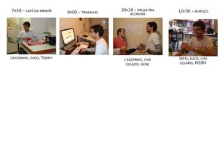 7H30 - CAFÉ DA MANHÃ                         10H30 - PAUSA PRA   12H30 - ALMOÇO
                           9H00 - TRABALHO       ACORDAR




CAFEZINHO, SUCO,   TODDY                                         REFRI, SUCO, CHÁ
                                              CAFEZINHO, CHÁ
                                               GELADO, REFRI     GELADO, H2OH
 