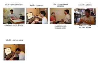 7H30 - CAFÉ DA MANHÃ                         10H30 - PAUSA PRA   12H30 - ALMOÇO
                           9H00 - TRABALHO       ACORDAR




CAFEZINHO, SUCO,   TODDY                                         REFRI, SUCO, CHÁ
                                              CAFEZINHO, CHÁ
                                               GELADO, REFRI     GELADO, H2OH




 16H30 - PUTA ESTRESSE
 