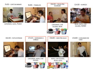7H30 - CAFÉ DA MANHÃ                                10H30 - PAUSA PRA        12H30 - ALMOÇO
                           9H00 - TRABALHO              ACORDAR




CAFEZINHO, SUCO,   TODDY                                                     REFRI, SUCO, CHÁ
                                                     CAFEZINHO, CHÁ
                                                      GELADO, REFRI          GELADO, H2OH




 16H30 - PUTA ESTRESSE     17H15 - ESFRIANDO A     19H00 - INDO PRA AULA   23H00 - CHEGANDO EM
                                  CABEÇA                                          CASA




                           CAFEZINHO, REFRI, CHÁ     REFRI, CHÁ GELADO,
                                  GELADO                ÁGUA, SUCO
 