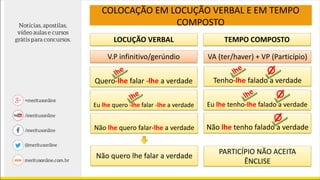 COLOCAÇÃO EM LOCUÇÃO VERBAL E EM TEMPO
COMPOSTO
LOCUÇÃO VERBAL TEMPO COMPOSTO
V.P infinitivo/gerúndio VA (ter/haver) + VP (Particípio)
Quero-lhe falar -lhe a verdade
Não lhe quero falar-lhe a verdade
Tenho-lhe falado a verdade
Eu lhe tenho-lhe falado a verdade
Não lhe tenho falado a verdade
Não quero lhe falar a verdade
PARTICÍPIO NÃO ACEITA
ÊNCLISE
Eu lhe quero -lhe falar -lhe a verdade
 