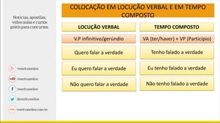 LOCUÇÃO VERBAL TEMPO COMPOSTO
V.P infinitivo/gerúndio VA (ter/haver) + VP (Particípio)
Quero falar a verdade
Eu quero falar a verdade
Não quero falar a verdade
Tenho falado a verdade
Eu tenho falado a verdade
Não tenho falado a verdade
COLOCAÇÃO EM LOCUÇÃO VERBAL E EM TEMPO
COMPOSTO
 