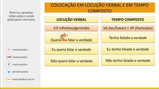LOCUÇÃO VERBAL TEMPO COMPOSTO
V.P infinitivo/gerúndio VA (ter/haver) + VP (Particípio)
Quero-lhe falar a verdade
Eu quero falar a verdade
Não quero falar a verdade
Tenho falado a verdade
Eu tenho falado a verdade
Não tenho falado a verdade
COLOCAÇÃO EM LOCUÇÃO VERBAL E EM TEMPO
COMPOSTO
 