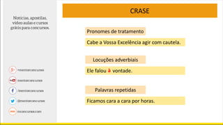 CRASE
Cabe a Vossa Excelência agir com cautela.
Ele falou vontade.aà
Ficamos cara a cara por horas.
Pronomes de tratamento
Locuções adverbiais
Palavras repetidas
 