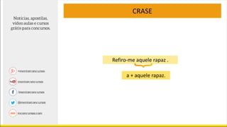 CRASE
Refiro-me aquele rapaz .
a + aquele rapaz.
 