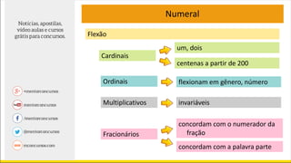 Numeral
Cardinais
um, dois
centenas a partir de 200
Flexão
Ordinais flexionam em gênero, número
Multiplicativos invariáveis
Fracionários
concordam com o numerador da
fração
concordam com a palavra parte
 