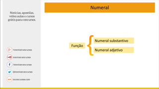Numeral
Função
Numeral adjetivo
Numeral substantivo
 