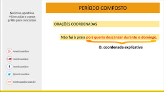 PERÍODO COMPOSTO
ORAÇÕES COORDENADAS
Não fui à praia pois queria descansar durante o domingo.
O. coordenada explicativa
 