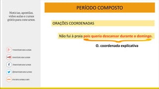 PERÍODO COMPOSTO
ORAÇÕES COORDENADAS
Não fui à praia pois queria descansar durante o domingo.
O. coordenada explicativa
 