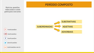 SUBORDINADAS
SUBSTANTIVAS
ADVERBIAIS
ADJETIVAS
PERÍODO COMPOSTO
 