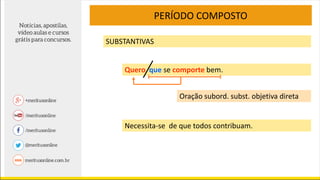 PERÍODO COMPOSTO
SUBSTANTIVAS
Quero que se comporte bem.
Oração subord. subst. objetiva direta
Necessita-se de que todos contribuam.
 