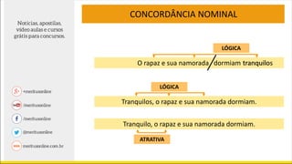 CONCORDÂNCIA NOMINAL
O rapaz e sua namorada dormiam tranquilostranquilo
LÓGICA
Tranquilos, o rapaz e sua namorada dormiam.
LÓGICA
Tranquilo, o rapaz e sua namorada dormiam.
ATRATIVA
 