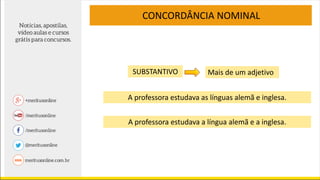 CONCORDÂNCIA NOMINAL
A professora estudava as línguas alemã e inglesa.
SUBSTANTIVO Mais de um adjetivo
A professora estudava a língua alemã e a inglesa.
 