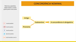 CONCORDÂNCIA NOMINAL
Substantivo A concordância é obrigatória
Artigo
Pronome
 