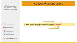 CONCORDÂNCIA NOMINAL
O meu único amigo comprou duas belas blusas.
 