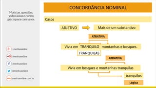 CONCORDÂNCIA NOMINAL
Casos
ADJETIVO Mais de um substantivo
Vivia em montanhas e bosques.TRANQUILO
ATRATIVA
Vivia em bosques e montanhas tranquilas
tranquilos
Lógica
ATRATIVA
TRANQUILAS
 