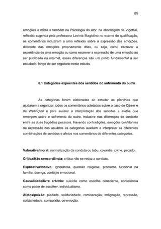 65
emoções e mídia e também na Psicologia do ator, na abordagem de Vigotski,
reflexão sugerida pela professora Lavínia Magiolino no exame de qualificação,
os comentários induziram a uma reflexão sobre a expressão das emoções,
diferente das emoções propriamente ditas, ou seja, como escrever a
experiência de uma emoção ou como escrever a expressão de uma emoção ao
ser publicada na internet, essas diferenças são um ponto fundamental a ser
estudado, longe de ser esgotado neste estudo.
6.1 Categorias expoentes dos sentidos do sofrimento do outro
As categorias foram elaboradas ao estudar as planilhas que
ajudaram a organizar todos os comentários coletados sobre o caso de Cibele e
de Wellington e para auxiliar a interpretação dos sentidos e afetos que
emergem sobre o sofrimento do outro, inclusive nas diferenças do contexto
entre as duas tragédias pessoais. Havendo contradições, emoções conflitantes
na expressão dos usuários as categorias auxiliam a interpretar as diferentes
combinações de sentidos e afetos nos comentários de diferentes categorias.
Valorativa/moral: normatização da conduta ou tabu, covardia, crime, pecado.
Crítica/Não concordância: crítica não se reduz a conduta.
Explicativa/motivo: ignorância, questão religiosa, problema funcional na
família, doença, contágio emocional.
Causalidade/livre arbítrio: suicídio como escolha consciente, consciência
como poder de escolher, individualismo.
Afetos/paixão: piedade, solidariedade, comiseração, indignação, repressão,
solidariedade, compaixão, co-emoção.
 