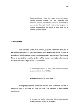 68
Se ela se dedicasse a visitar uma vez por semana uma ala de
doentes terminais, crianças com aids, pacientes com
alzheimer, parkison, possivelmente poderia ter reencontrado o
valor da vida. O exemplo deixado infelizmente é de egoísmo e
covardia principalmente em relação a seus filhos. So a
lamentar por estas crianças.
Afetos/paixão:
Esta categoria aponta a co-emoção, já que o sentimento do outro, a
expressão da emoção da própria Cibele em sua carta de despedida, motivou a
emoção do próprio usuário, conforme sua expressão no comentário. Da mesma
forma o comentário seguinte, onde o afeto aparece motivado pela mesma
leitura e assusta ou impressiona o usuário/leitor.
O amor só bate uma vez na nossa porta, não deixem escapar
pela janela. 'Cibele Dorsa' #Reflita
Chocado com a morte da Cibele Dorsa ...
A imaginação permite sentir com o outro, e no sentir com o outro, o
destaque para o emoticon ao final da frase que transmite a ideia desse
movimento.
tá certo que nao justifica muito.. mas, deve ter sido muuuuito
foda a cibele dorsa suportar oq aconteceu ;/
 