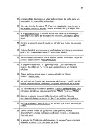 81
11. a religiosidade do atirador, a julgar pelo conteúdo da carta, seria um
subproduto do evangelhismo televisivo.
12. Um mês depois, de volta a SP. E na boa, não to afim nem de abrir a
boca sobre o caso do atirador. Merda acontece, é o que dá pra falar.
13. E aí @DatenaOficial, o atirador do Rio não tinha Deus no coração? O
teor religioso da carta de despedida foi forjado? Aprendamos com o
caso.
14. A morte e o inferno ainda é pouco pro atirador que matou as crianças
no Rio.
15. hoje no Brasil rb aconteceu uma tragédia igual acontece aí, um atirador
entrou em uma escola e matou 13 e tem mais feridos...
16. Se esse atirador estivesse vivo e pedisse perdão. Você seria capaz de
perdoar esse homem? #JesusAmavaEle
17. A origem de todo mal... RT @Mendigamos : Carta deixada pelo
atirador do colégio do RJ revela que o assassino era um fanático
religioso
18. Fiquei sabendo agora sobre o caos do atirador no Rio de
Janeiro...Misericordia..
19. se eu fosse um desses pais e oatirador não tivesse cometido suicídio
eu iria, nem que fosse, pro inferno pra poder torturar ele até a morte
20. Ta faltando Deus na vida das pessoas. Se esse atirador tivesse uma
intimidade com Deus, estaria espalhando AMOR, NAO MATANDO!
21. dizem q o atirador (assassino) havia sofrido violência física ou
psicológica(Bullying) na escola do Rio. O q n justifica tal crueldade.
22. A morte e o inferno ainda é pouco pro atirador que matou as crianças
no Rio.
23. Lendo ultimos tweets de @FabianoLucas @renato_rosase
@renatahermes Antes o atirador nao tivesse morrido... merecia era
viver pra sofrer
24. o atirador de #Realengo não tinha deus no coração? Aproveita para
aprender a calar a boca com essa tragédia
 