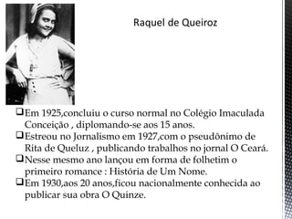 Em 1925,concluiu o curso normal no Colégio Imaculada
Conceição , diplomando-se aos 15 anos.
Estreou no Jornalismo em 1927,com o pseudônimo de
Rita de Queluz , publicando trabalhos no jornal O Ceará.
Nesse mesmo ano lançou em forma de folhetim o
primeiro romance : História de Um Nome.
Em 1930,aos 20 anos,ficou nacionalmente conhecida ao
publicar sua obra O Quinze.
 