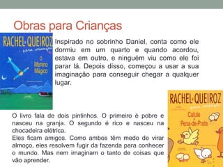 Obras para Crianças
Inspirado no sobrinho Daniel, conta como ele
dormiu em um quarto e quando acordou,
estava em outro, e ninguém viu como ele foi
parar lá. Depois disso, começou a usar a sua
imaginação para conseguir chegar a qualquer
lugar.
O livro fala de dois pintinhos. O primeiro é pobre e
nasceu na granja. O segundo é rico e nasceu na
chocadeira elétrica.
Eles ficam amigos. Como ambos têm medo de virar
almoço, eles resolvem fugir da fazenda para conhecer
o mundo. Mas nem imaginam o tanto de coisas que
vão aprender.
 