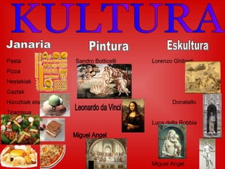 KULTURA Janaria Pasta Pizza Hestekiak Gaztak Hizozkiak eta Tiramisua Pintura Sandro Botticelli Eskultura Lorenzo Ghiberti Donatello Luca della Robbia Miguel Angel Miguel Angel Leonardo da Vinci 