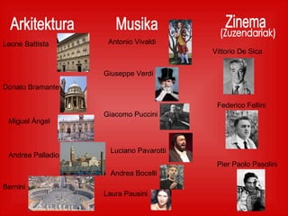 Arkitektura Musika Zinema Leone Battista Donato Bramante Miguel Ángel Andrea Palladio Bernini Antonio Vivaldi Giuseppe Verdi Giacomo Puccini Luciano Pavarotti Andrea Bocelli Laura Pausini (Zuzendariak) Vittorio De Sica Federico Fellini Pier Paolo Pasolini 