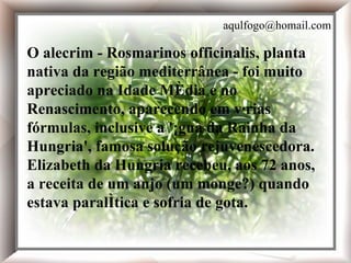 O alecrim - Rosmarinos officinalis, planta nativa da região mediterrânea - foi muito apreciado na Idade Média e no Renascimento, aparecendo em várias fórmulas, inclusive a 'Água da Rainha da Hungria', famosa solução rejuvenescedora. Elizabeth da Hungria recebeu, aos 72 anos, a receita de um anjo (um monge?) quando estava paralítica e sofria de gota. O alecrim - Rosmarinos officinalis, planta nativa da região mediterrânea - foi muito apreciado na Idade Média e no Renascimento, aparecendo em várias fórmulas, inclusive a 'Água da Rainha da Hungria', famosa solução rejuvenescedora. Elizabeth da Hungria recebeu, aos 72 anos, a receita de um anjo (um monge?) quando estava paralítica e sofria de gota. [email_address] 