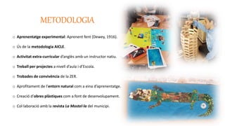 METODOLOGIA
o Aprenentatge experimental: Aprenent fent (Dewey, 1916).
o Ús de la metodologia AICLE.
o Activitat extra-curricular d’anglès amb un instructor natiu.
o Treball per projectes a nivell d’aula i d’Escola.
o Trobades de convivència de la ZER.
o Aprofitament de l’entorn natural com a eina d’aprenentatge.
o Creació d’obres plàstiques com a font de desenvolupament.
o Col·laboració amb la revista La Mostel·la del municipi.
 