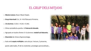 EL GRUP DELS MITJANS
o Mestra-tutora: Roser Masó Clopés.
o Grup internivell: 2n, 3r i 4t d’Educació Primària.
o 13 alumnes: 3 (2n) + 4 (3r) + 6 (4t).
o Clima socioafectiu positiu i d’interacció elevada.
o Agrupats en taules d’entre 3 i 6 alumnes: treball col·laboratiu.
o Diversitat de ritmes d’aprenentatge.
o Aula amb espais múltiples: zona de joc i lectura, 2 pissarres,
parets adornades, fil de la creativitat, prestatges personalitzats...
 