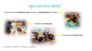 QUÈ VAM DESCOBRIR?
o Descoberta de la localització, parts principals i característiques de Campins.
o Revisió de les direccions.
o Entrevista a un parlant natiu.
I sempre utilitzant la llengua anglesa!
 