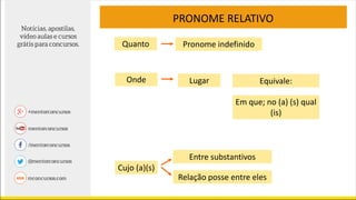 PRONOME RELATIVO
Quanto Pronome indefinido
Onde Equivale:Lugar
Em que; no (a) (s) qual
(is)
Cujo (a)(s)
Entre substantivos
Relação posse entre eles
 