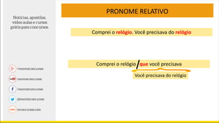 PRONOME RELATIVO
Comprei o relógio que você precisava
Você precisava do relógio
Comprei o relógio. Você precisava do relógio
 