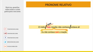 O índio cuja reação não contava estava ali
PRONOME RELATIVO
Eu não contava com a reação
 