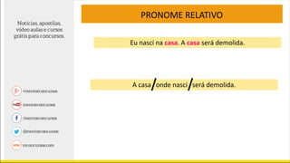 PRONOME RELATIVO
A casa onde nasci será demolida.
Eu nasci na casa. A casa será demolida.
 