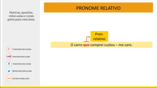 PRONOME RELATIVO
O carro que comprei custou – me caro.
Pron.
relativo
 