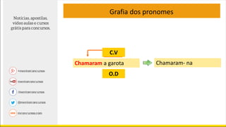 Grafia dos pronomes
Chamaram a garota Chamaram- na
O.D
C.V
 
