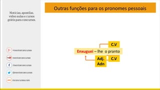 Outras funções para os pronomes pessoais
Enxuguei – lhe o pranto
C.VAdj.
Adn
C.V
 