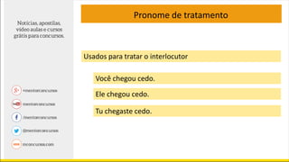 Pronome de tratamento
Usados para tratar o interlocutor
Você chegou cedo.
Ele chegou cedo.
Tu chegaste cedo.
 